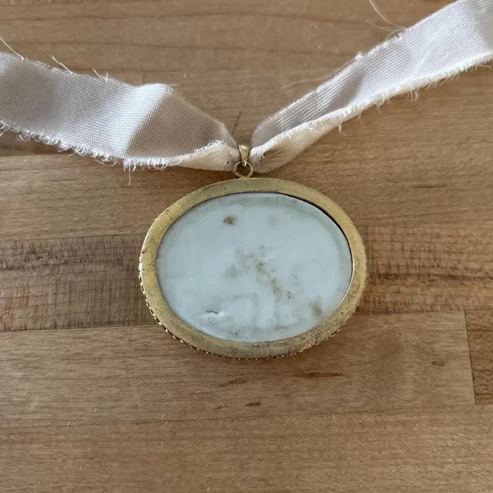 Ceramic Cameo pendant with Green Floral Design on Choker Ribbon Handmade Dainty